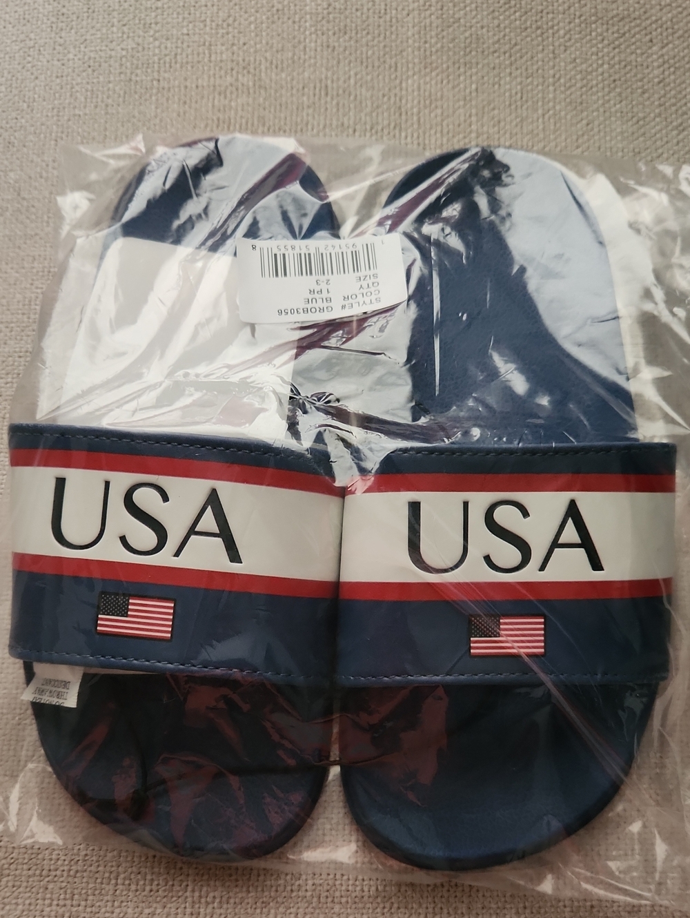 Navy USA Flag Slide Sandals Kids Size 2-3 Soccer